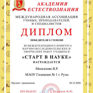 Диплом школьника - Мингазова Виктория Руслановна